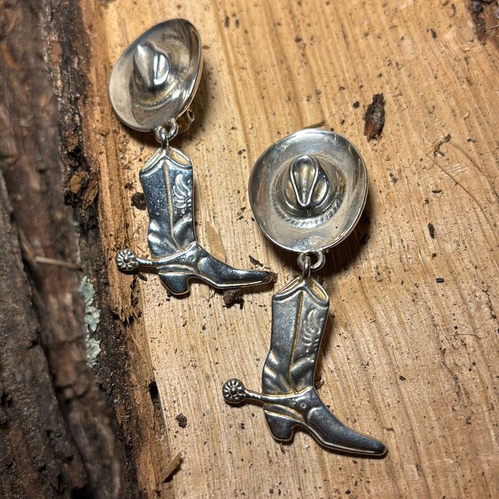 Vintage Western Silver Earrings. Boot with Spur Dangling from Cowboy Hat.